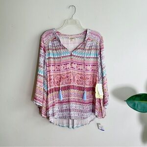 One World multicolored wide sleeve tasseled boho peasant top